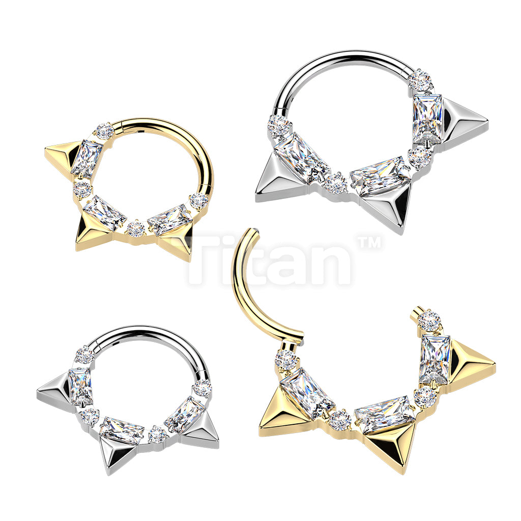Titanium Hinged Segment Hoop Ring With Triple Spikes And Baguette and Round CZ