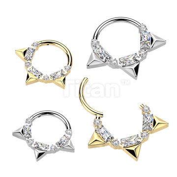 Titanium Hinged Segment Hoop Ring With Triple Spikes And Baguette and Round CZ