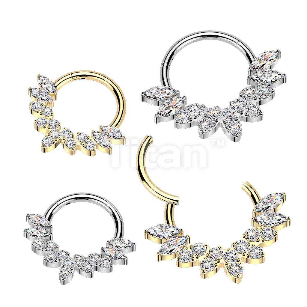 Titanium Hinged Segment Hoop Ring With Marquise CZ and Round CNC Set CZ Fan