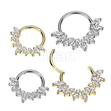 Titanium Hinged Segment Hoop Ring With Marquise CZ and Round CNC Set CZ Fan