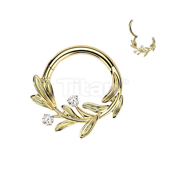 Titanium Hinged Segment Hoop Ring With Olive Leaf and CZ - Image 2