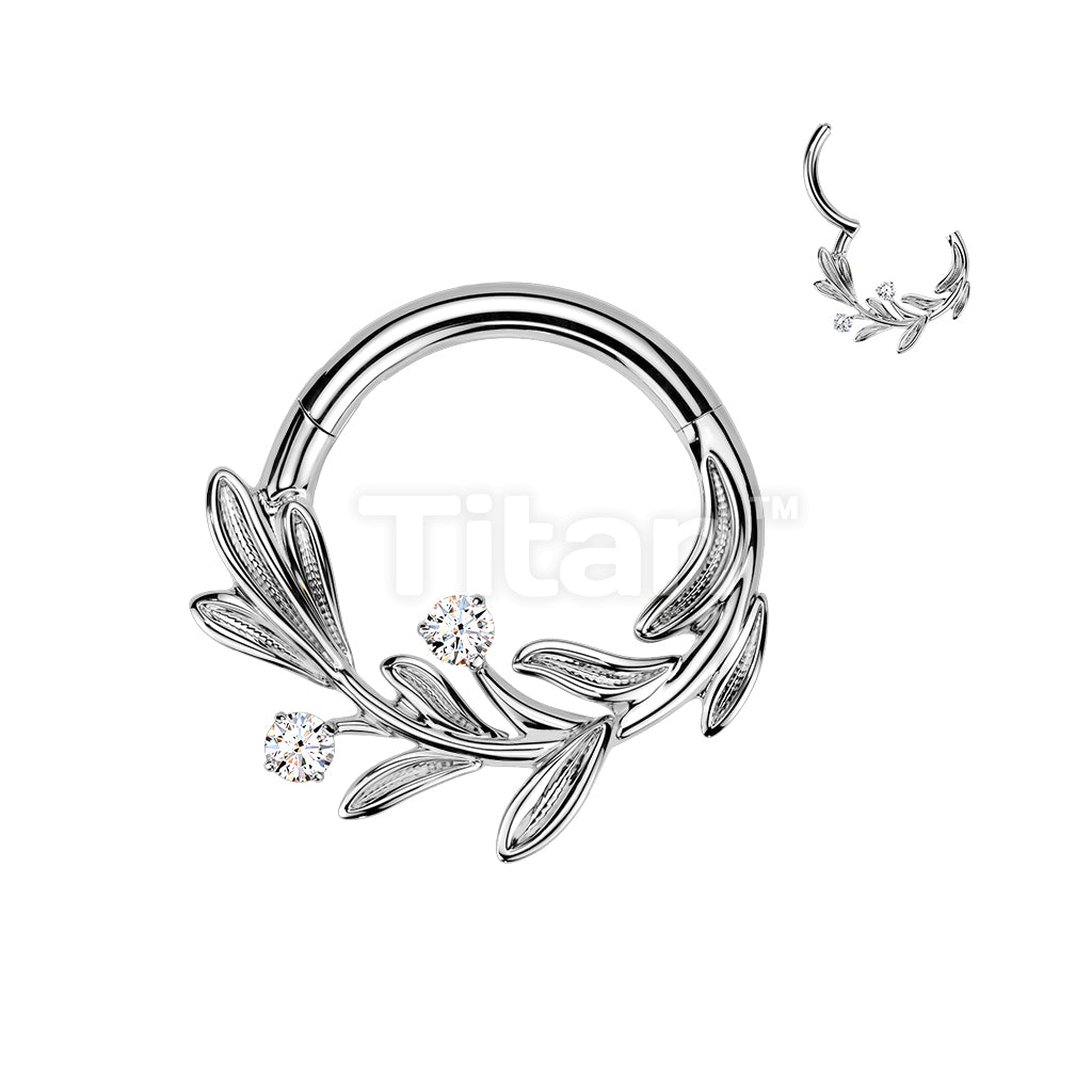 Titanium Hinged Segment Hoop Ring With Olive Leaf and CZ - Image 3