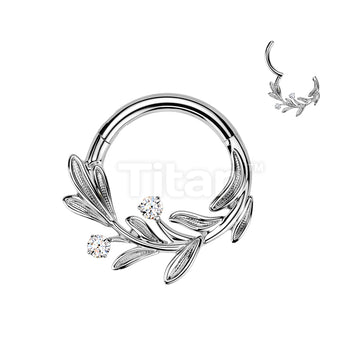 Titanium Hinged Segment Hoop Ring With Olive Leaf and CZ - Image 3