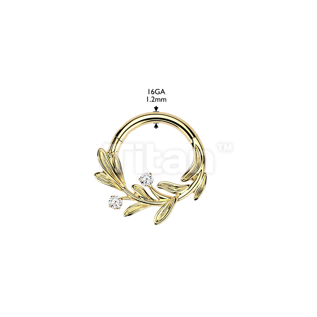 Titanium Hinged Segment Hoop Ring With Olive Leaf and CZ - Image 4