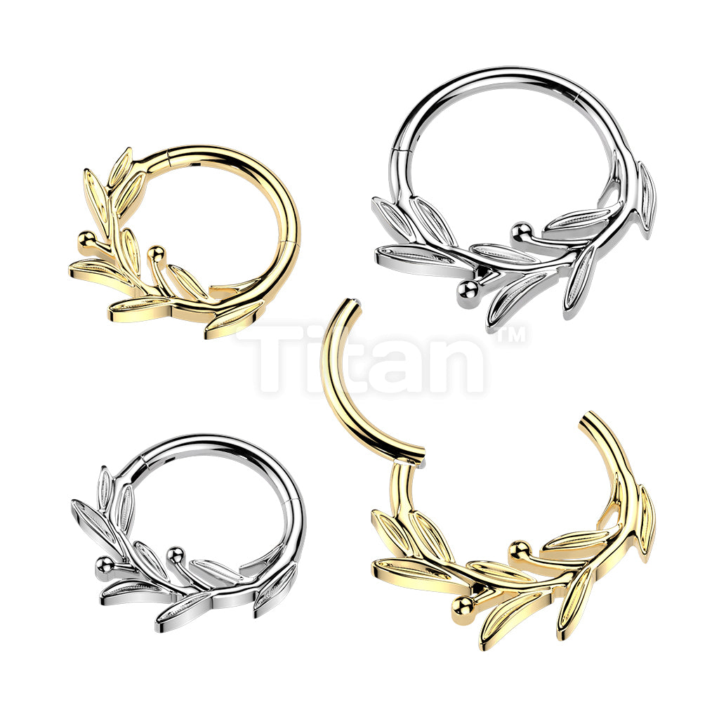Titanium Hinged Olive Leaf Branch Segment Hoop Ring
