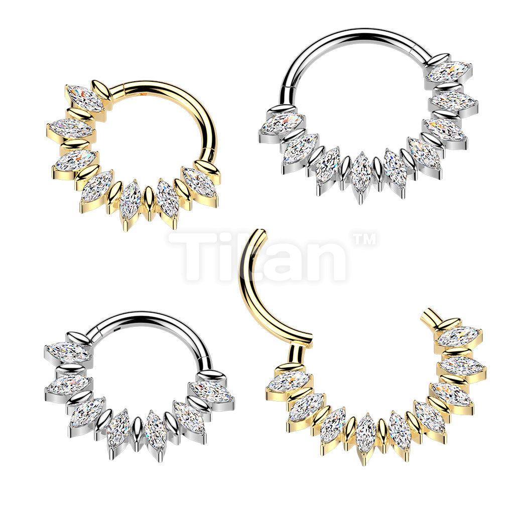 Titanium Hinged Segment Hoop Ring With Marquise CZ Fan 