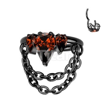 Titanium Hinged Pear CZ Crown Segment Hoop Ring With Double Chain Dangle - Image 2