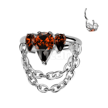 Titanium Hinged Pear CZ Crown Segment Hoop Ring With Double Chain Dangle - Image 3