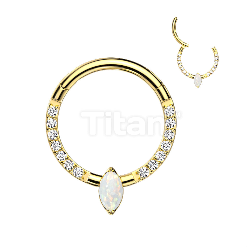 Implant Grade Titanium Hinged Segment Hoop Ring With Marquise CZ or Opal Center and Pave CZ Sides - Image 2