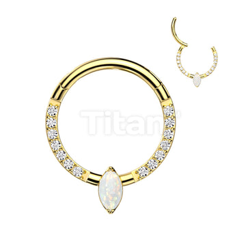 Implant Grade Titanium Hinged Segment Hoop Ring With Marquise CZ or Opal Center and Pave CZ Sides - Image 2