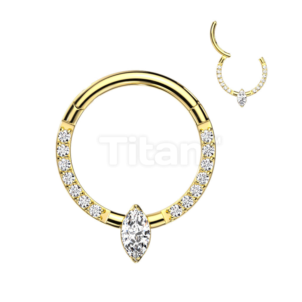 Implant Grade Titanium Hinged Segment Hoop Ring With Marquise CZ or Opal Center and Pave CZ Sides - Image 3