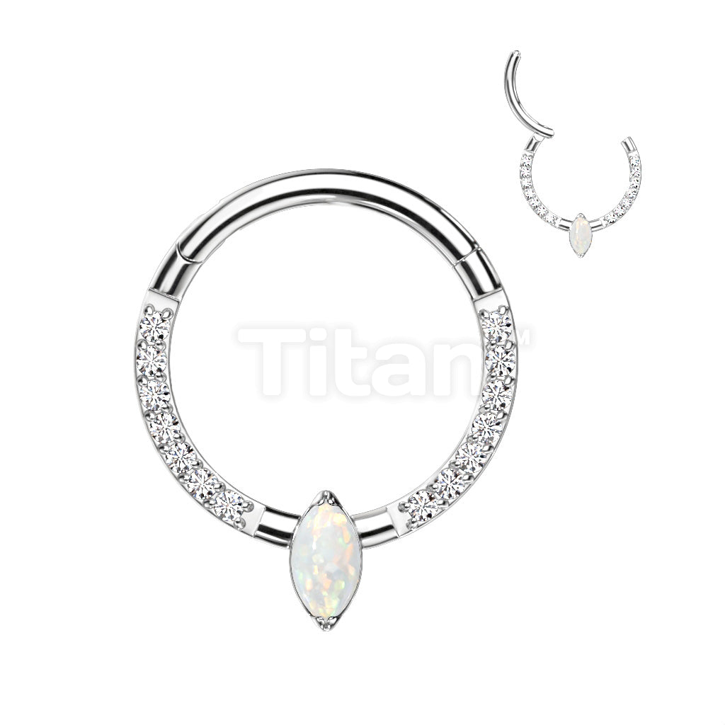 Implant Grade Titanium Hinged Segment Hoop Ring With Marquise CZ or Opal Center and Pave CZ Sides - Image 4