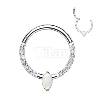 Implant Grade Titanium Hinged Segment Hoop Ring With Marquise CZ or Opal Center and Pave CZ Sides - Image 4