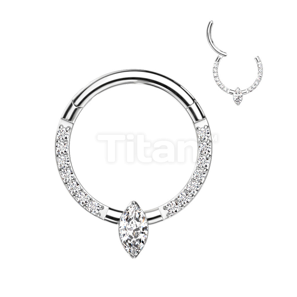 Implant Grade Titanium Hinged Segment Hoop Ring With Marquise CZ or Opal Center and Pave CZ Sides - Image 5