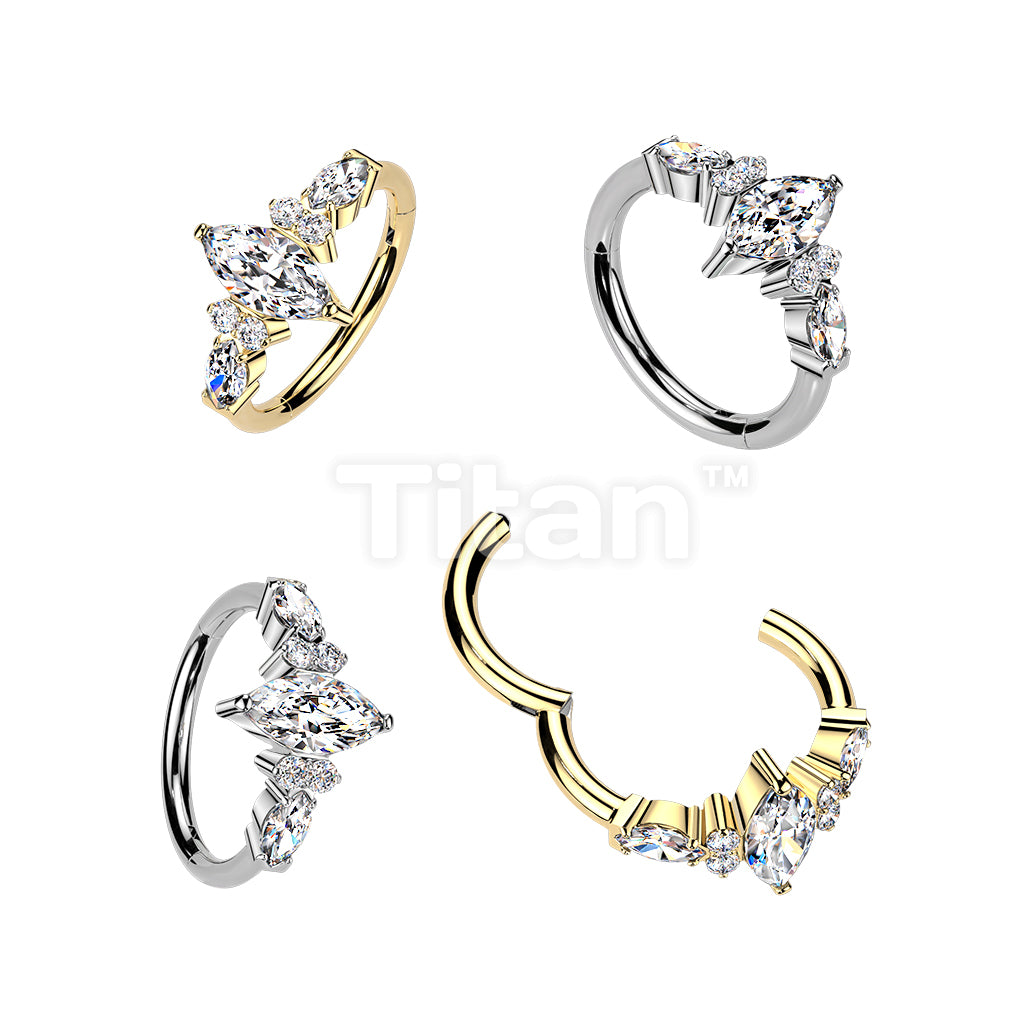 Titanium Hinged Segment Hoop Ring With Outward Facing Marquise CZ Center and Sides