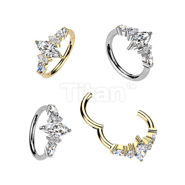 Titanium Hinged Segment Hoop Ring With Outward Facing Marquise CZ Center and Sides