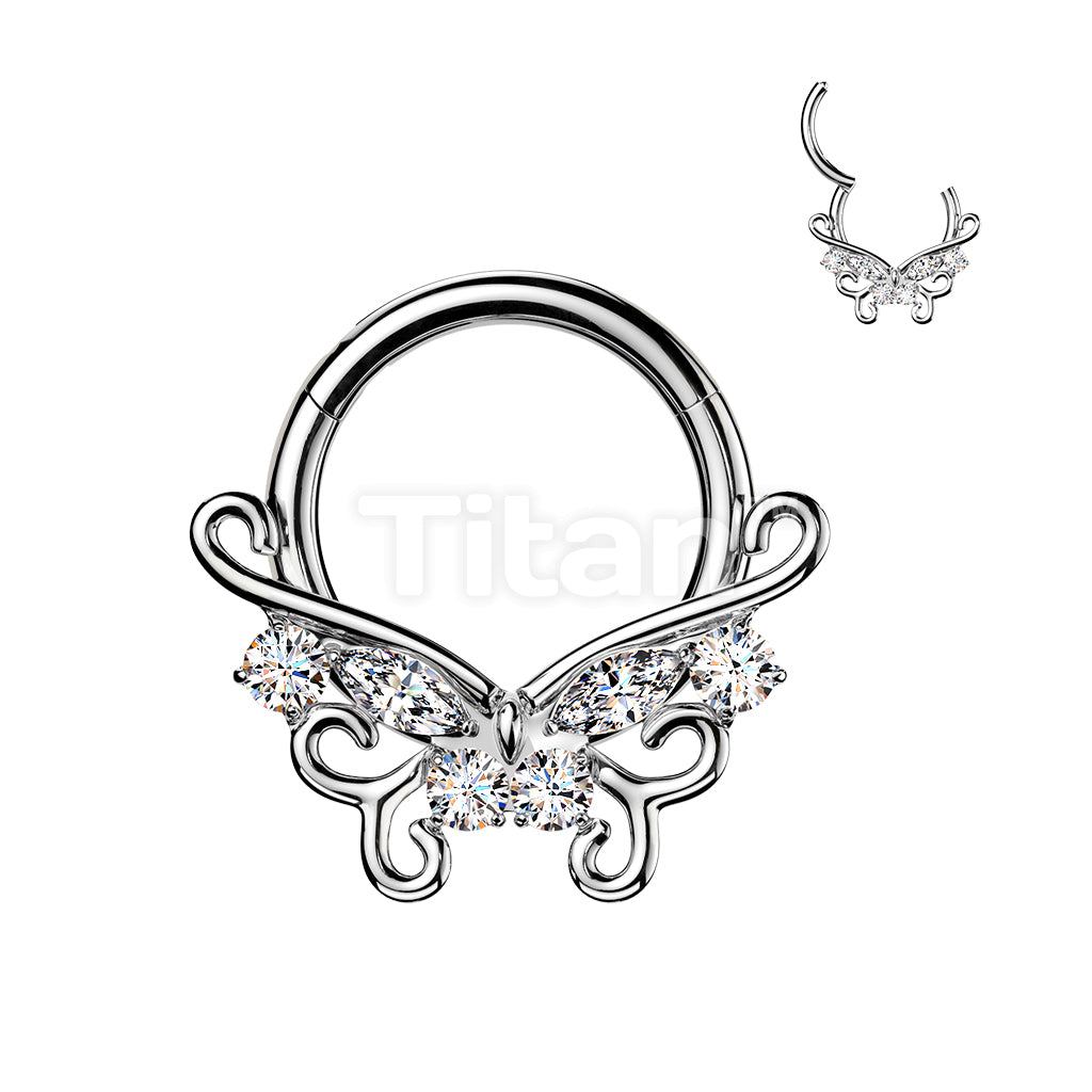 Titanium Hinged Segment Hoop Ring With CZ Accented Filigree Butterfly - Image 2