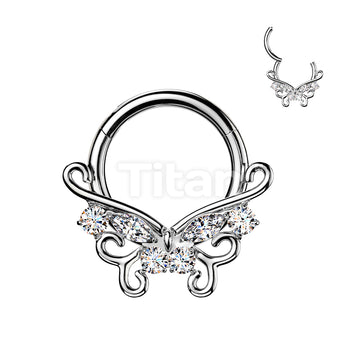 Titanium Hinged Segment Hoop Ring With CZ Accented Filigree Butterfly - Image 2