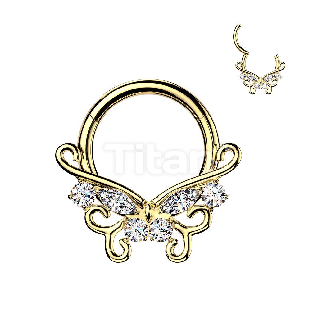 Titanium Hinged Segment Hoop Ring With CZ Accented Filigree Butterfly - Image 3