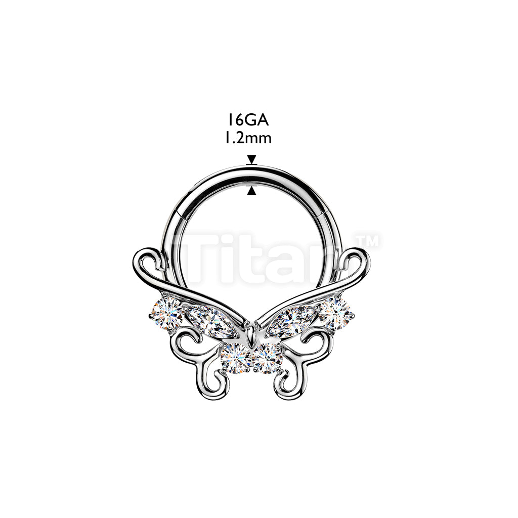 Titanium Hinged Segment Hoop Ring With CZ Accented Filigree Butterfly - Image 4