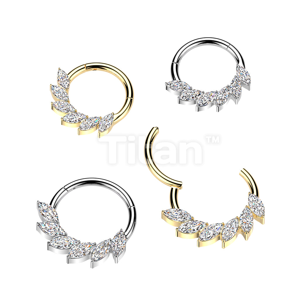 Titanium Hinged Segment Hoop Ring With Marquise CZ Swirl Fan