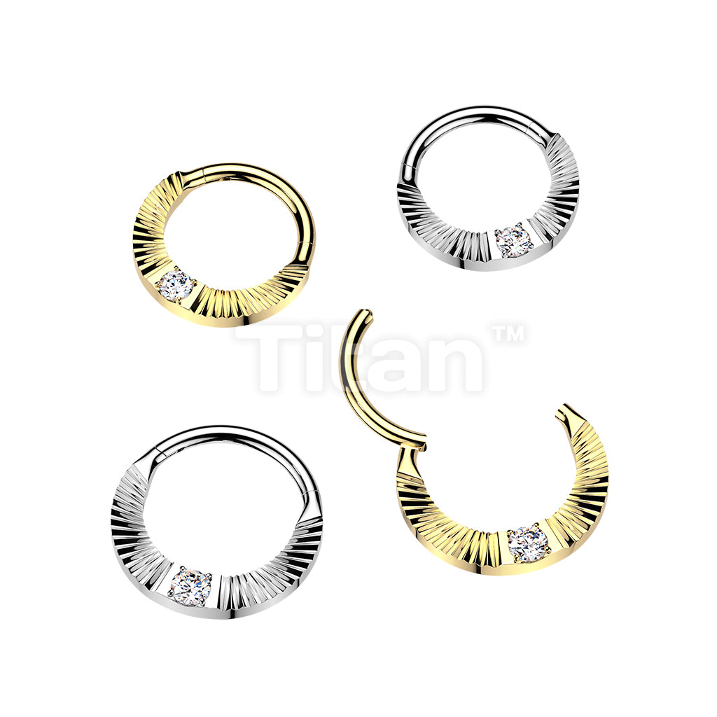 Titanium Hinged Segment Hoop Ring With Diamond Cuts & Round CZ Center
