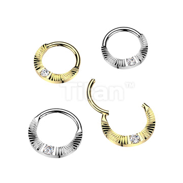 Titanium Hinged Segment Hoop Ring With Diamond Cuts & Round CZ Center