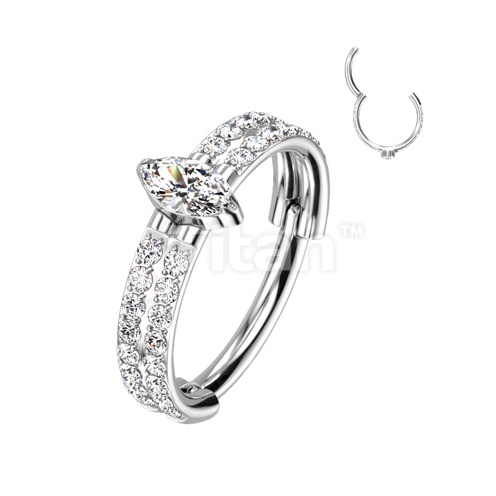 Implant Grade Titanium Hinged Segment Hoop Ring With Outward Facing Double-Lined CZ and Center Marquise CZ - Image 2