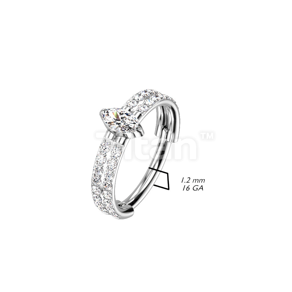 Implant Grade Titanium Hinged Segment Hoop Ring With Outward Facing Double-Lined CZ and Center Marquise CZ - Image 3