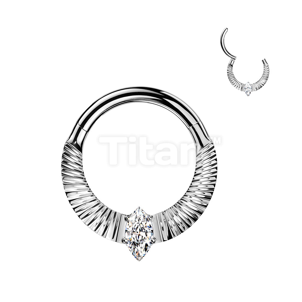 Titanium Hinged Segment Hoop Ring With Diamond Cuts & Marquise CZ Center - Image 2