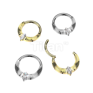 Titanium Hinged Segment Hoop Ring With Diamond Cuts & Marquise CZ Center