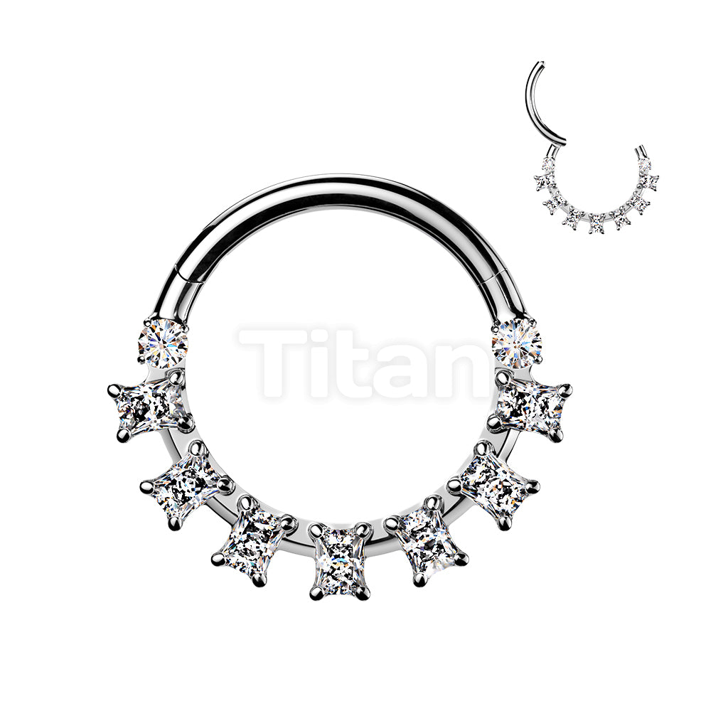 Titanium Hinged Segment Hoop Ring With Baguette CZ Fan - Image 4