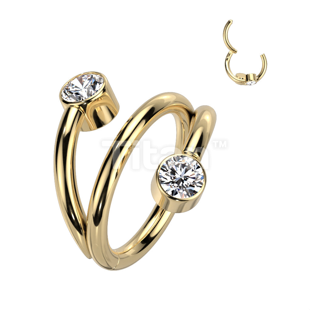 Implant Grade Titanium Hinged Segment Hoop Ring With Double Line and Round CZ Ends - Image 2