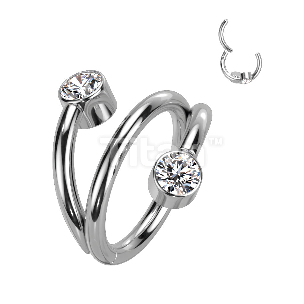 Implant Grade Titanium Hinged Segment Hoop Ring With Double Line and Round CZ Ends - Image 5