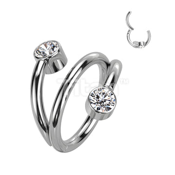 Implant Grade Titanium Hinged Segment Hoop Ring With Double Line and Round CZ Ends - Image 5