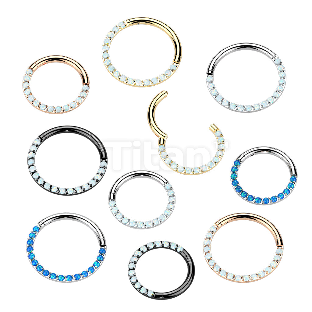 Implant Grade Titanium Hinged Segment Hoop Ring With Forward Facing Pave Opal Front