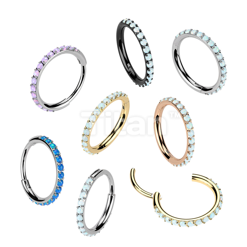 Implant Grade Titanium Hinged Segment Hoop Ring Lined With Outward Facing Pave Opals. 16ga-20ga