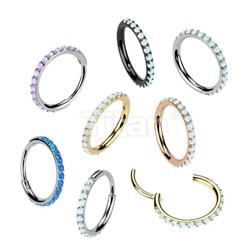 Implant Grade Titanium Hinged Segment Hoop Ring Lined With Outward Facing Pave Opals. 16ga-20ga