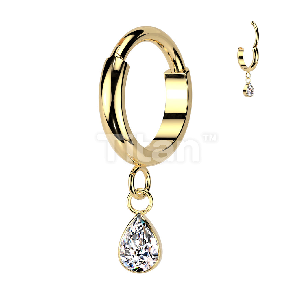 Implant Grade Titanium Hinged 2mm Wide Dome Segment Hoop Ring With Teardrop CZ Dangle - Image 2
