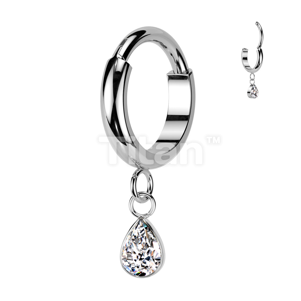 Implant Grade Titanium Hinged 2mm Wide Dome Segment Hoop Ring With Teardrop CZ Dangle - Image 3