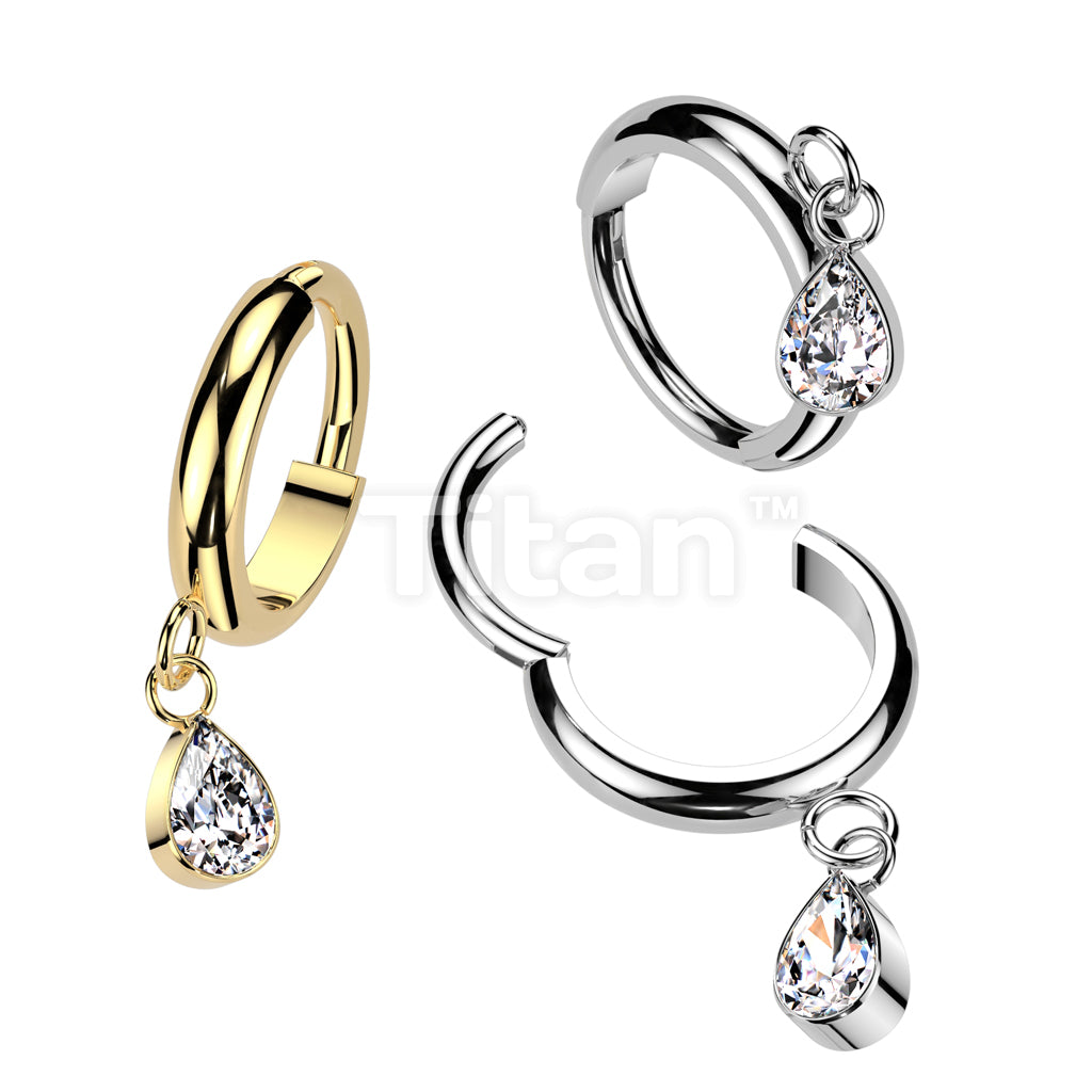 Implant Grade Titanium Hinged 2mm Wide Dome Segment Hoop Ring With Teardrop CZ Dangle