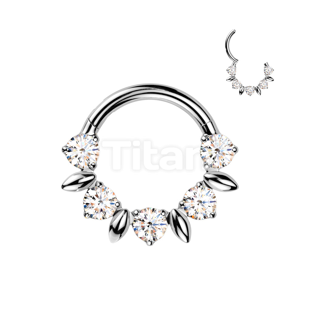 Implant Grade Titanium Hinged Segment Hoop Ring With Forward Facing CZ And Leaves In Between  - Image 2