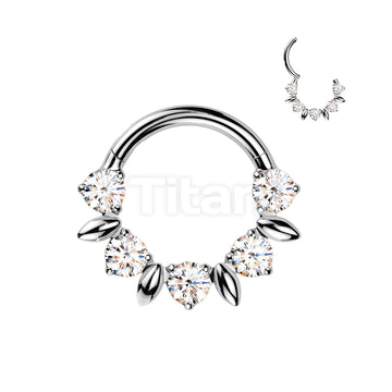 Implant Grade Titanium Hinged Segment Hoop Ring With Forward Facing CZ And Leaves In Between  - Image 2