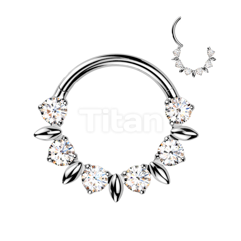 Implant Grade Titanium Hinged Segment Hoop Ring With Forward Facing CZ And Leaves In Between  - Image 4