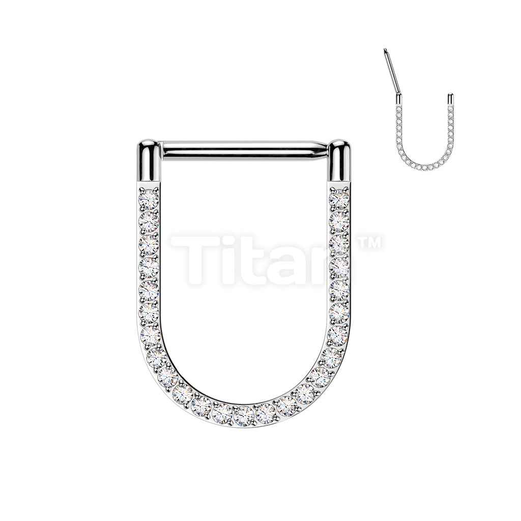 Titanium Hinged Pave CNC Set CZ U-Shape Segment Hoop Ring With Straight Bar - Image 2