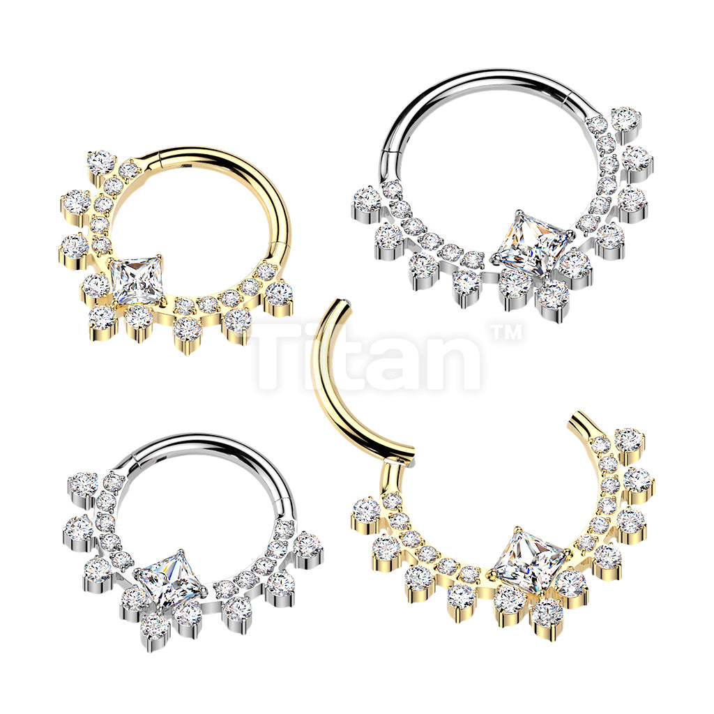 Titanium Hinged Segment Hoop Ring With CZ Diamond Center And CZ Pave