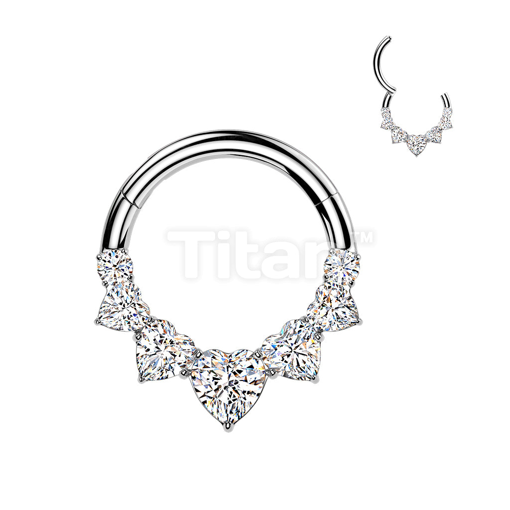 Titanium Hinged 5 Heart CZ Segment Hoop Ring With Round CZ Ends - Image 2