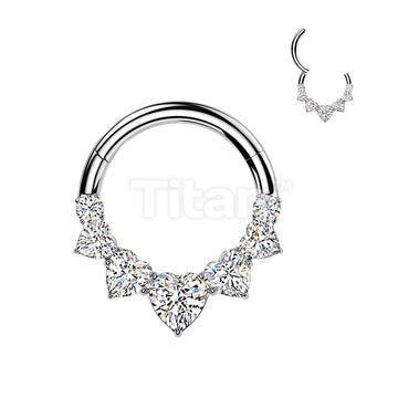Titanium Hinged 5 Heart CZ Segment Hoop Ring With Round CZ Ends - Image 2