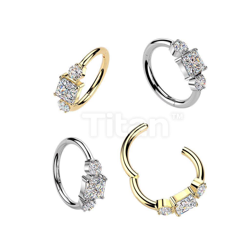 Titanium Hinged Outward Facing Segment Hoop Ring With Square and Round CZ