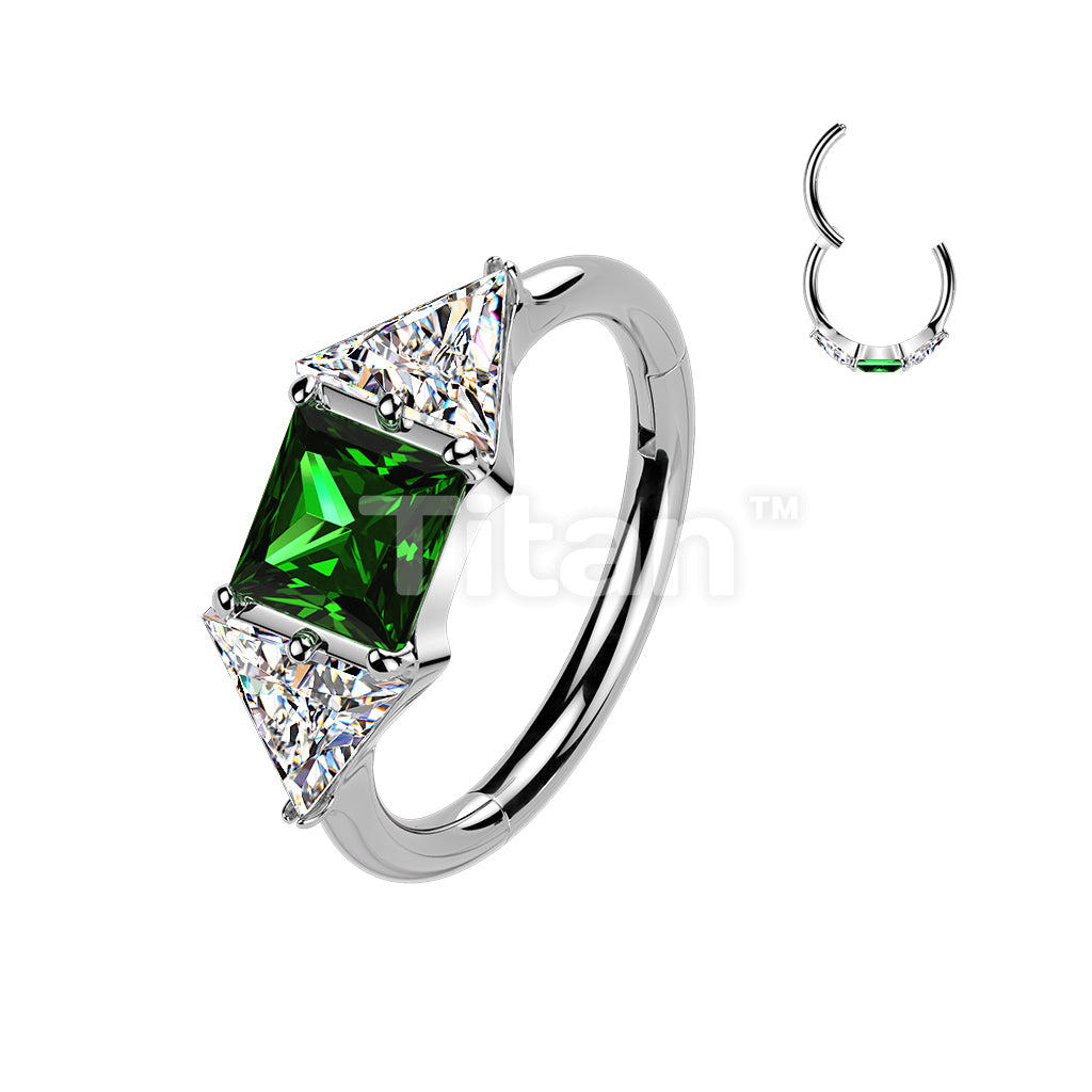 Titanium Hinged Segment Hoop Ring With Green Square CZ and Triangle CZ Ends - Image 2